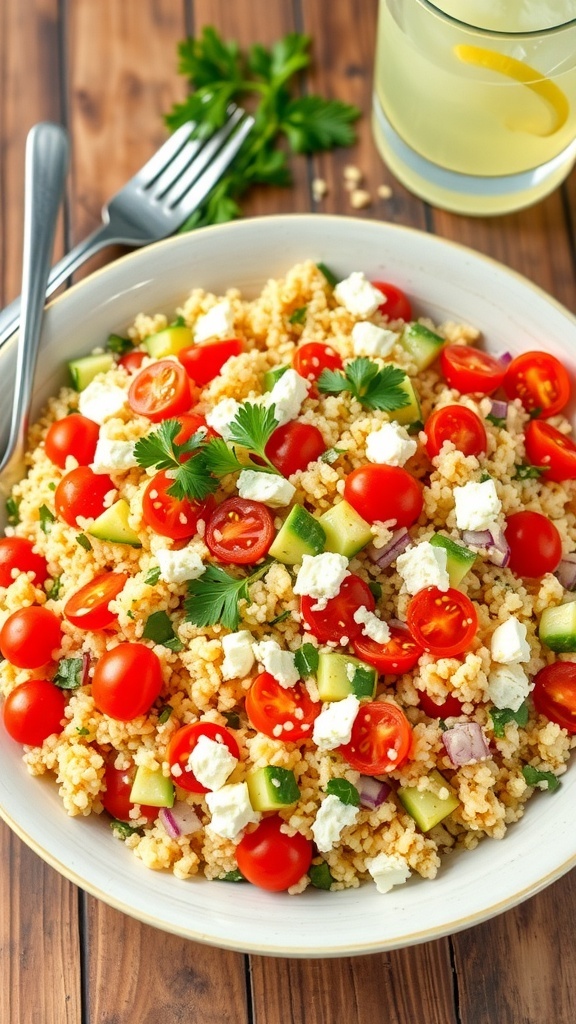 A vibrant Mediterranean Couscous Salad with tomatoes, cucumbers, red onion, and feta cheese in a bowl on a wooden table.